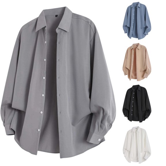 Zylarhe Mens Summer Shirts, Men Casual Loose Autumn Trend Solid Shirt Long Sleeve Button Down Tops Grey XXXXXL