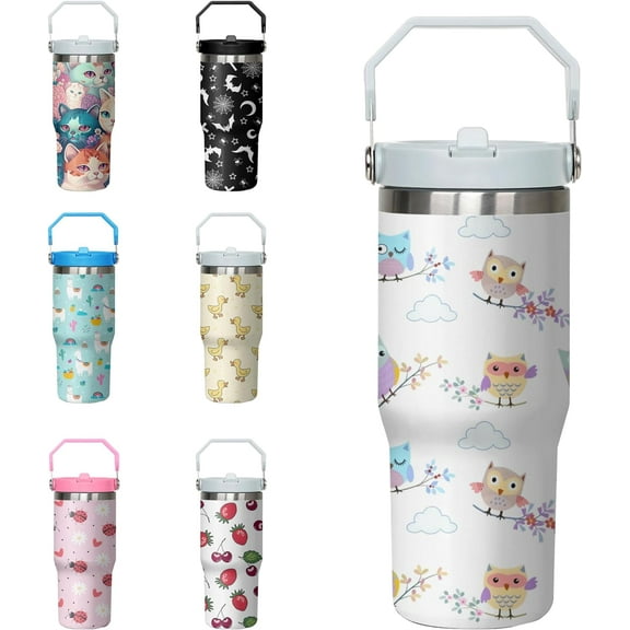 Owl Tumbler with Handle and Flip Straw for Women Men, 30oz Cute Stainless Steel Insulated Cup, Water Bottle Travel Coffee Mug, Gifts for Animal Lovers