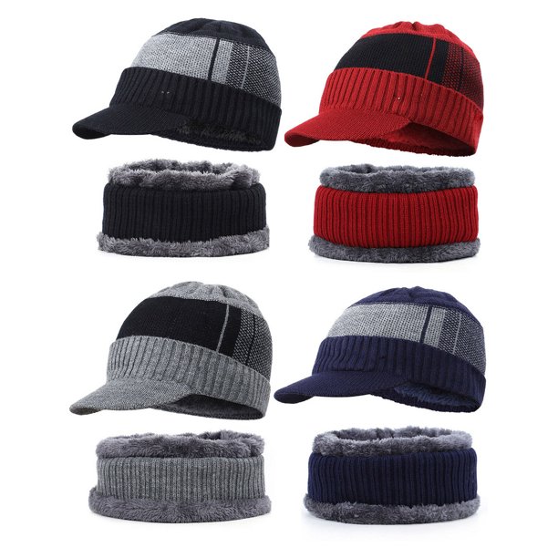 Men's Winter Warm Hat Knit Visor Beanie Fleece Lined Beanie with Brim