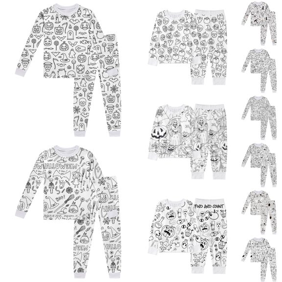 Kcolen DIY Hand Painted Halloween Coloring Pajamas 2 Piece Sets, Colorable Long Sleeve Shirts and Pants Set Fall Winter Halloween Gifts Outfit