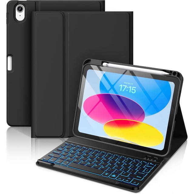 Funda con Teclado para iPad 10 Generación - Teclado Inalámbrico Desmontable de 7 Colores con Soporte para Lápiz para iPad A16 de 11 Pulgadas 2025, 10ª Generación 10.9 Pulgadas 2022, Azul Marino