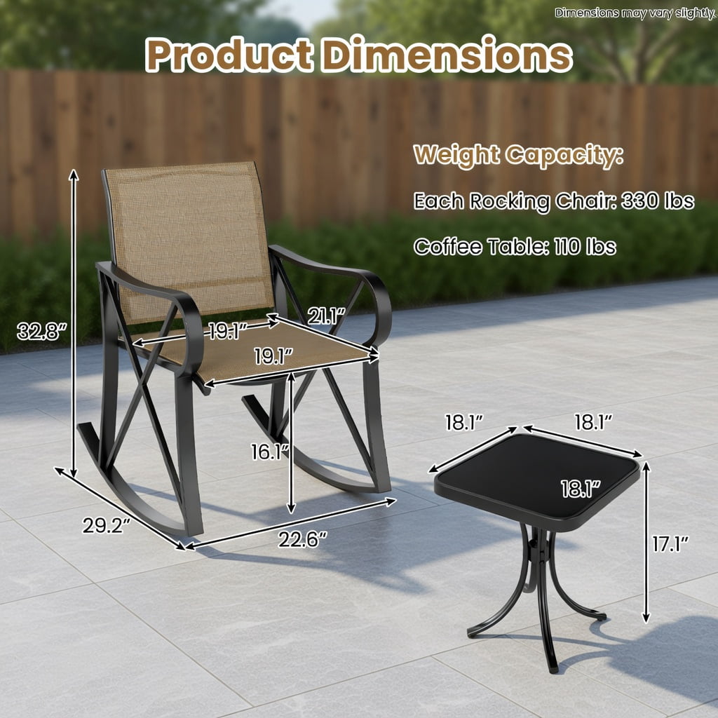 Hommoo 3-Piece Outdoor Rocking Patio Set, Metal Rocker Chairs with Tempered Glass Side Table, Ideal for Backyard, Porch & Balcony, Brown