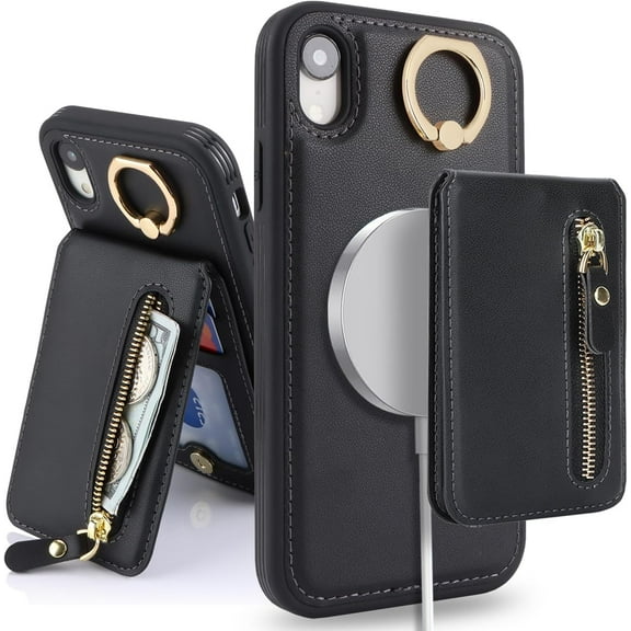 iPhone xr case with Card Holder, iPhone xr Phone Case Wallet for Women magsafe Compatible Wallet Detachable 2-in-1 for Men-Black
