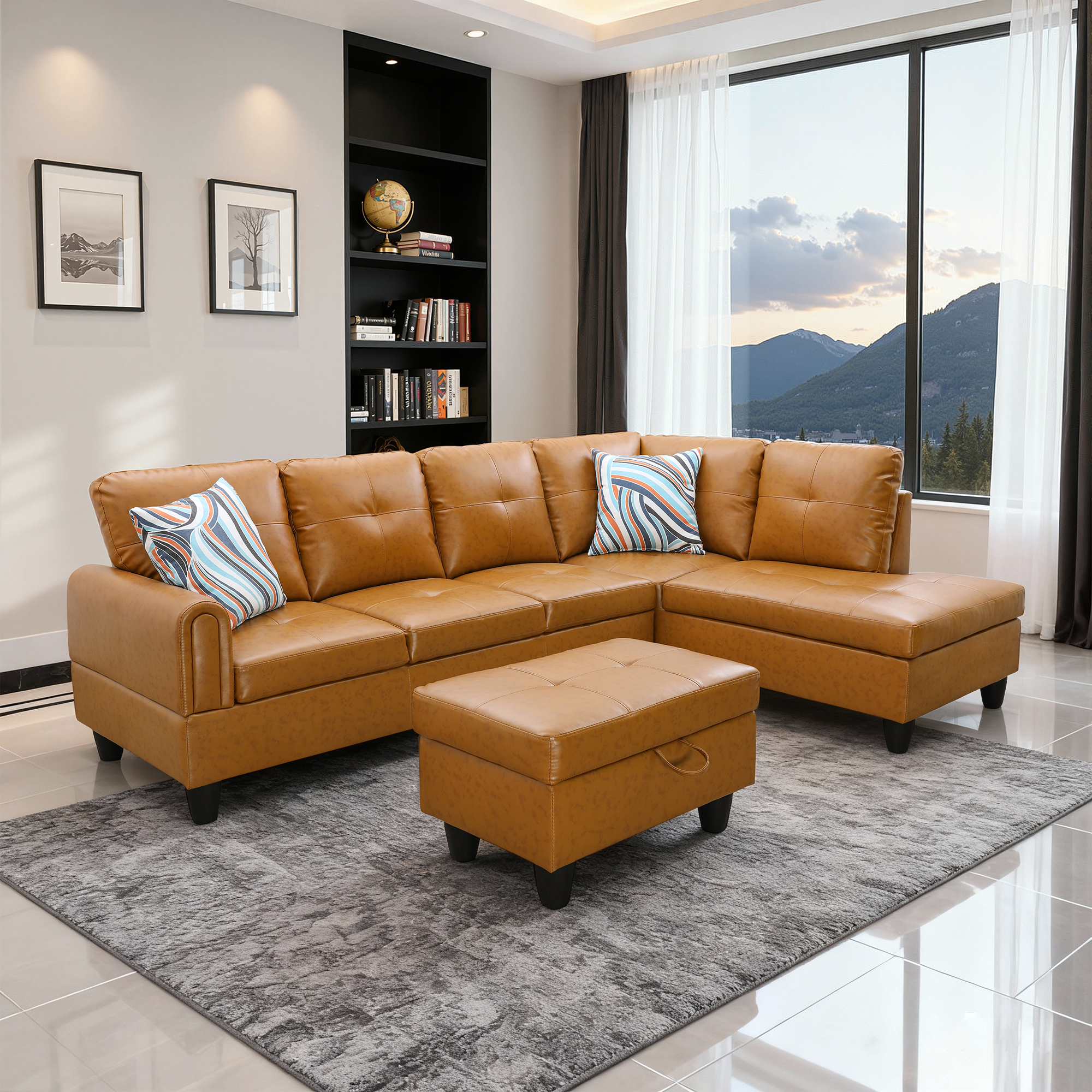 MAYEERTY 97" Faux Leather Sectional Sofa, 3-Piece Couch Living Room Sofa Set with Ottoman, Ginger (Right)