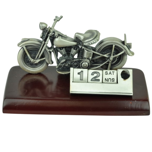 Antique Motorcycle Office Pen Holder & Calendar Wood Base Cast Metal Pewter