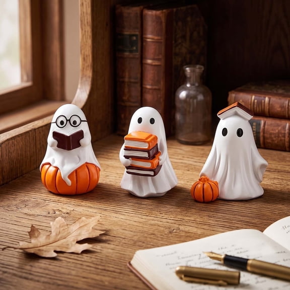 Halloween Ghost Figurines Set of 3, Cute Resin Ghost Pumpkin Book Decorations,Spooky Desktop Ornaments for Shelf,Mantel,Cabinet,Table, Halloween Home Party Dec