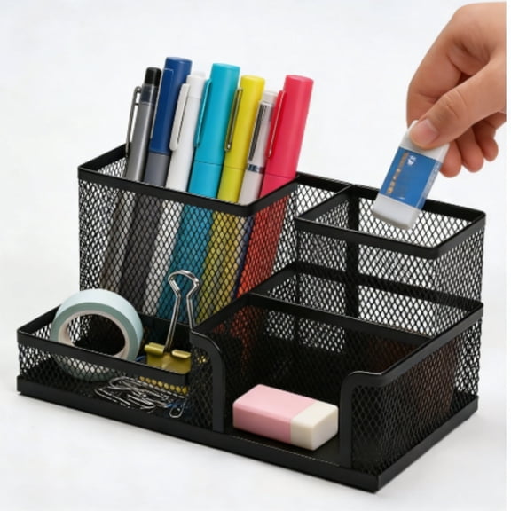 Mesh Desk Organizer Office Supplies Caddy with Pencil Holder and Storage Baskets for Desktop Accessories, 3 Compartments, Black