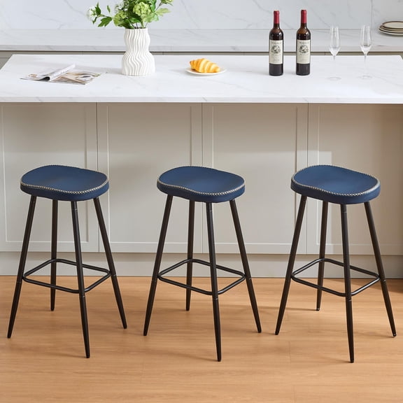 Set of 3 Bar Stools 28 inch Height, Modern Backless Kitchen Island Stools, Faux Leather Saddle Seating, Blue