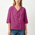 thumbnail image 4 of LEKWK Linen Tops for Women 3/4 Sleeve Button Down Tunic Tops Loose Fit V Neck Lightweight Solid Shirts Summer Beach Vacation Daily Outfits, 4 of 5