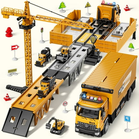 Multi-Functional Construction Vehicle Playset with 4 Mini Cars, Crane, Traffic Signs, Engineering Truck with Launching Track Parking Lot, Chrismas Gift for Boys Kids 3 Ages +