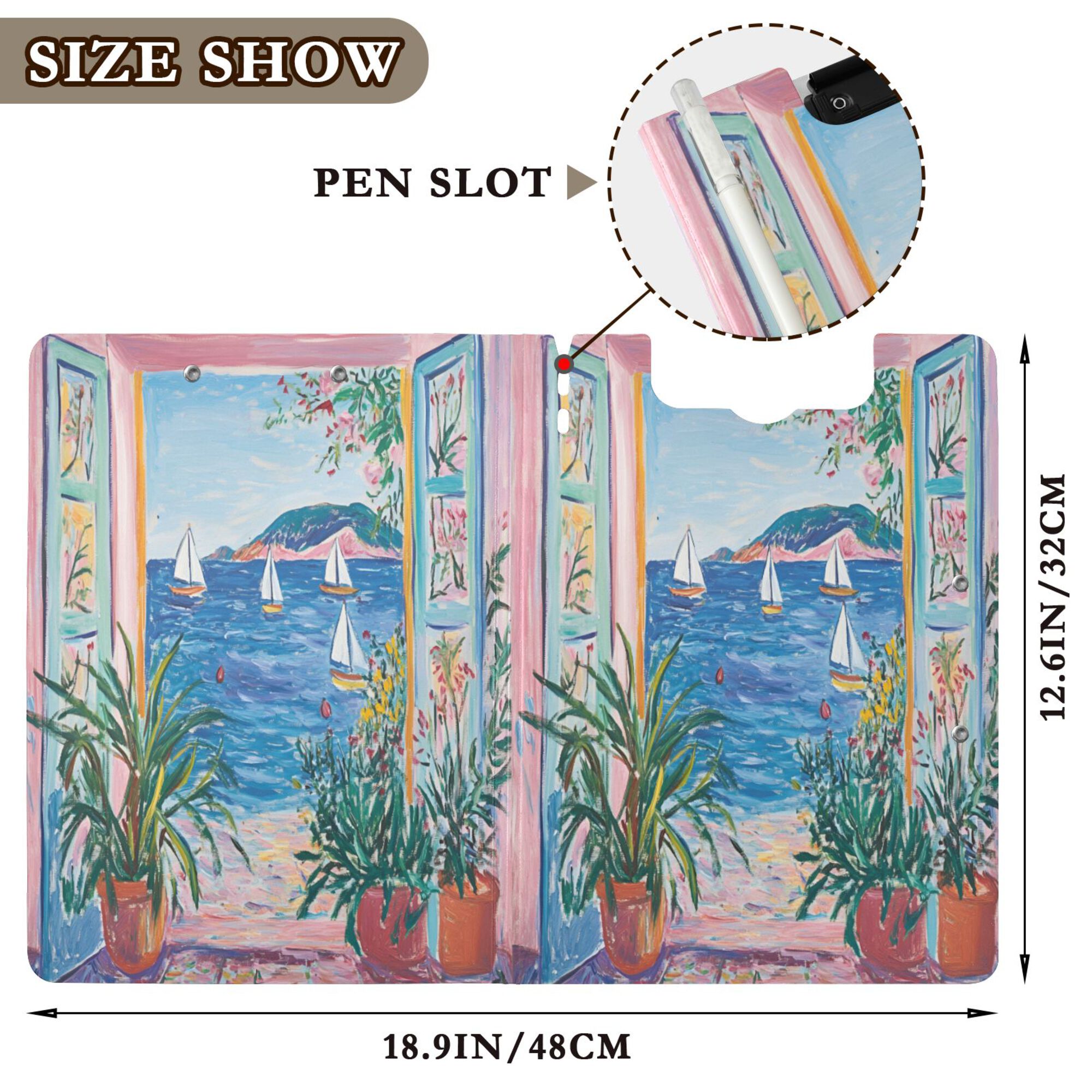 FORMRS A4 Clipboard Folder with Pen Holder Horizontal Foldable School Office Binder, Seaside Door