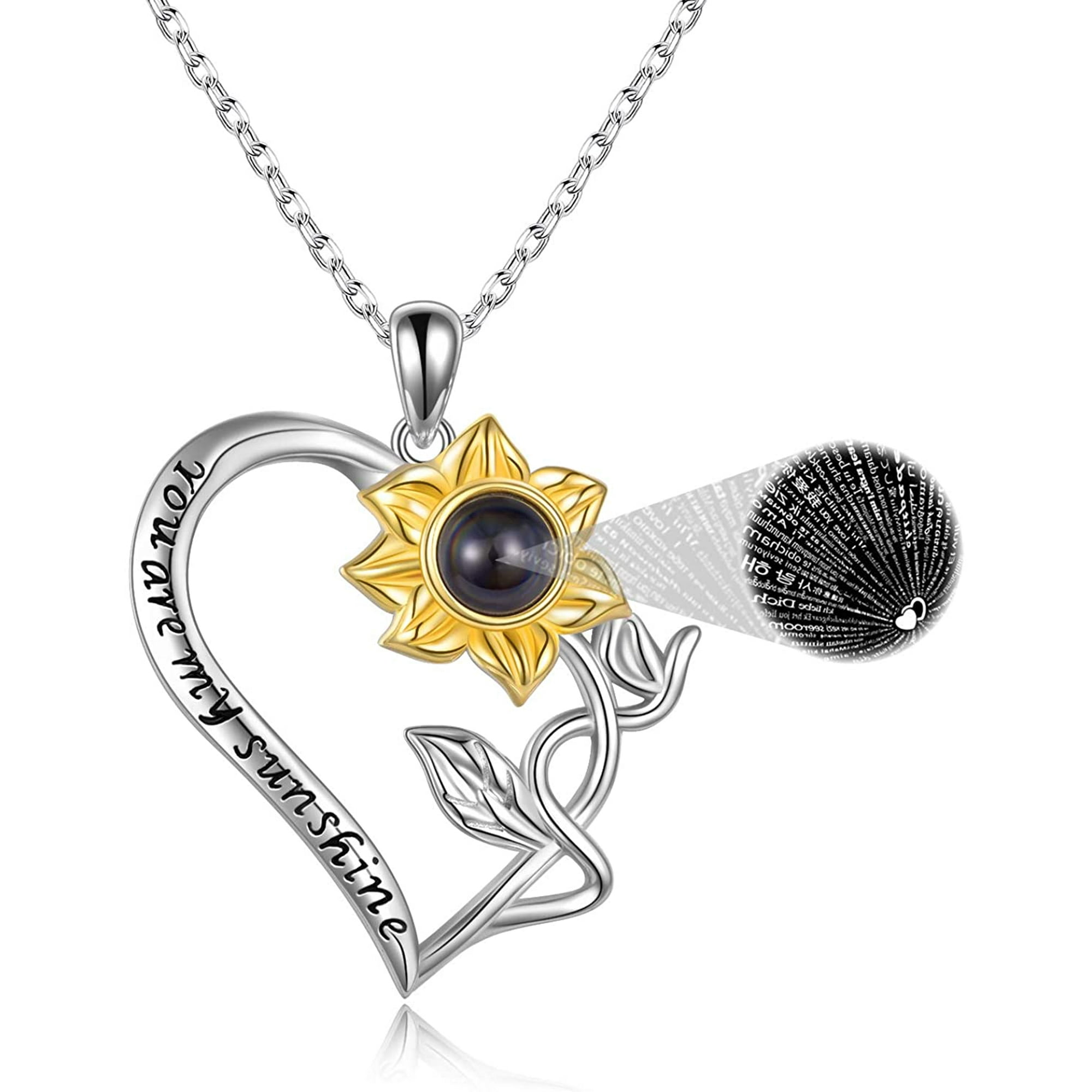 I Love You Necklace 100 Languages Sunflower Necklaces for Her Girlfriend Valentines Day Wife 925 Sterling Silver You are my sunshine Sunflower Gifts Jewelry for Women See Through Projection Necklace P...