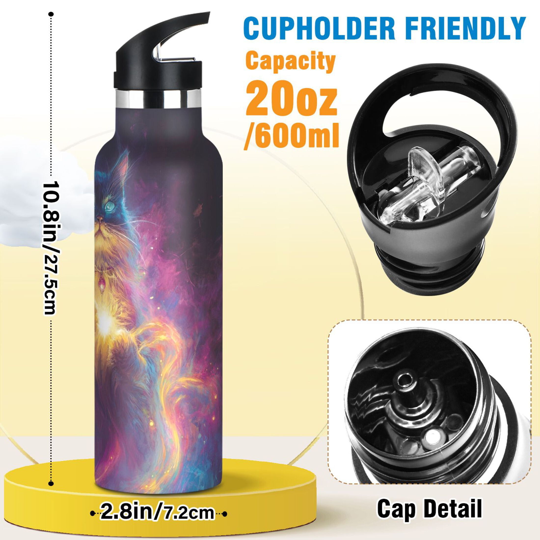 600ML Stainless Steel Insulated Cup Sports Water Bottle Portable Thermos Cup Water Glasses Insulated Tumblers Convenient and Durable Wizard Cat
