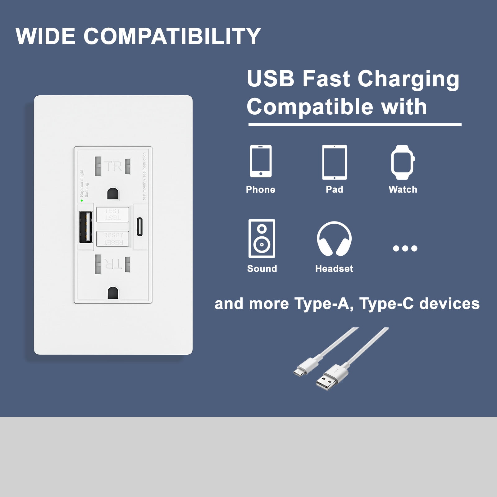 BRILLTECH 15AMP GFCI Outlet with 4.8A/24W Type A & Type C USB Charging Ports, Self-Test, Tamper Resistant, GFCI Receptacle Outlet, Screwless Wall Plate Include, ETL Listed, White