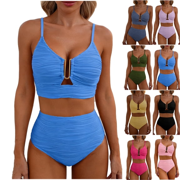XUNKUSGA 2 Piece Bikini Set Fashion U-Wire Cutout Womens Bathing Suits Classic High Waisted Textured Pleated Summer Beach Swimsuits for Women XS-2XL,Green