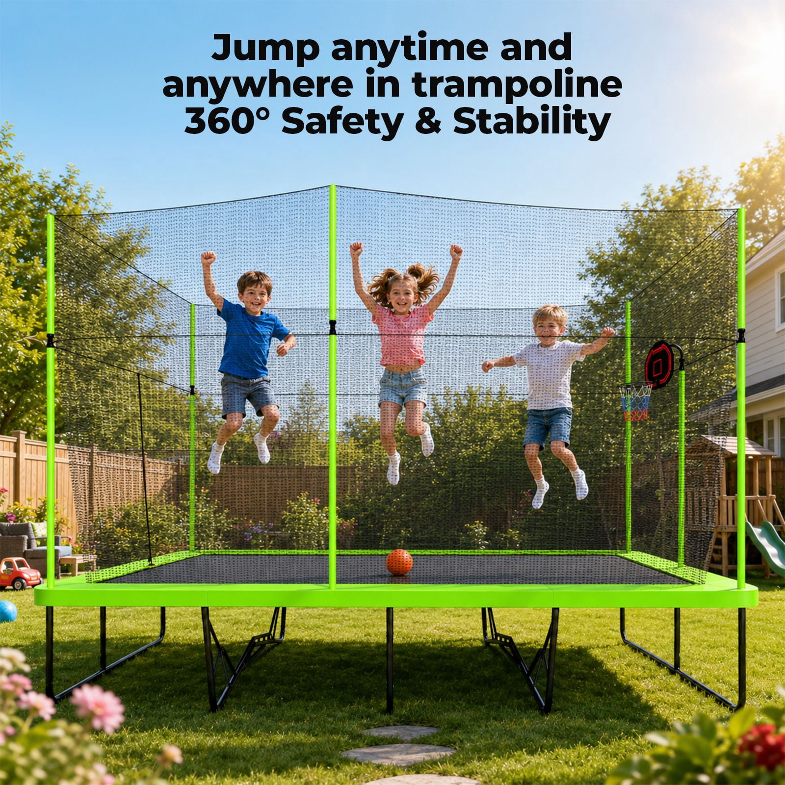 Alvantor 10x17 ft Rectangle Trampoline for Kids, Outdoor Trampolines with Basketball Board and Ladder for Gymnastics Green