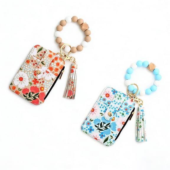 LAPTOM MAX 2pcs Zip Keychain Wallet for Women, Slim Credit Card Holder Purse with Tassel & Detachable Bangle, Retro Flower