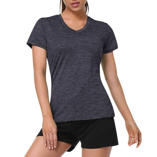 MPWEGNP T-Shirts Gris Foncé pour Femmes Col en V Manches Courtes Évacuant l'Humidité Haut de Sport
