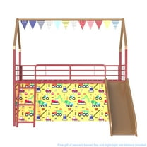 Miniyam Kids Twin Loft Bed with Slide and Curtain, House-Shaped Metal Frame Bunk with Guardrails, Ladder, Gold