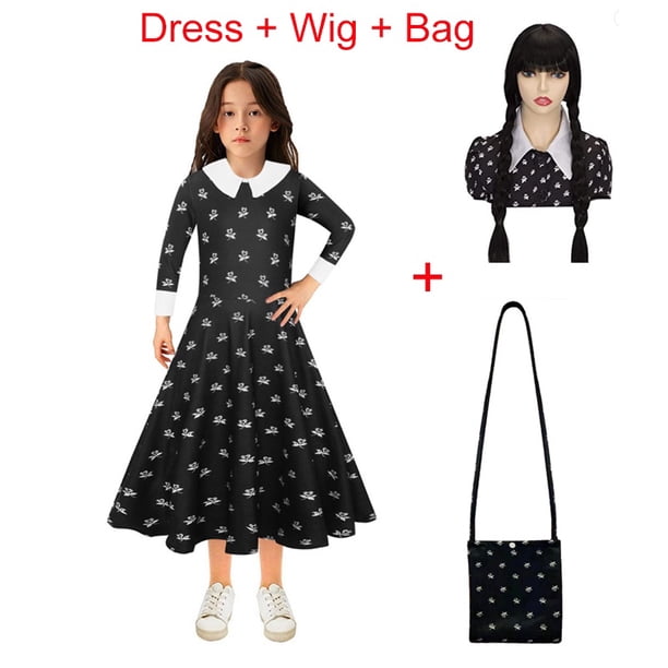 Miércoles Addams Familia Cosplay Disfraz Niños Ropa Negro Fantasía Vestido De Manga Larga Halloween Navidad Fiesta Trajes Para Niñas