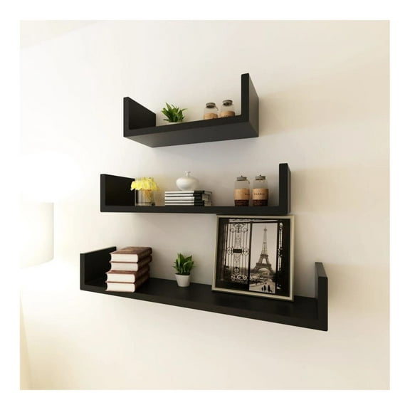 3 Black MDF U-Shaped Floating Wall Display Shelves Book/ Storage