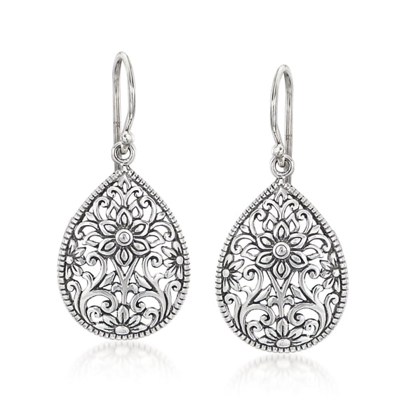 Ross-Simons Sterling Silver Bali-Style Floral Filigree Teardrop Earrings, Women's, Adult