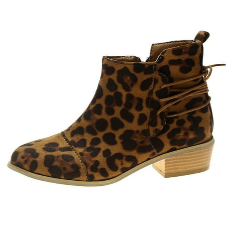 

Mackneog Autumn Women Ankle Boots Mid Heel Chunky Heel Leopard Print Zipper Rope Gift on Clearance