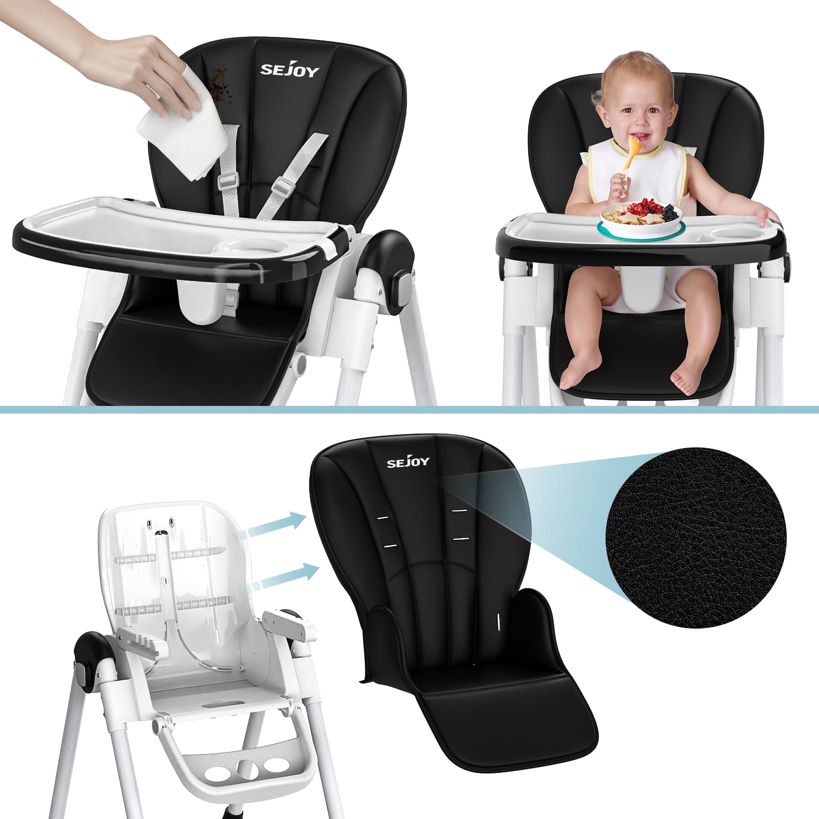 Sejoy 4 Wheels Baby High Chair for Toddlers, Foldable High Chair with Adjustable Seat Heigh, Black