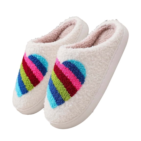 Women's Slippers House Shoes Indoor And Outdoor Rainbow Heart Shoes Fuzzy Memory Foam Fleece Slip On Womens Slippers