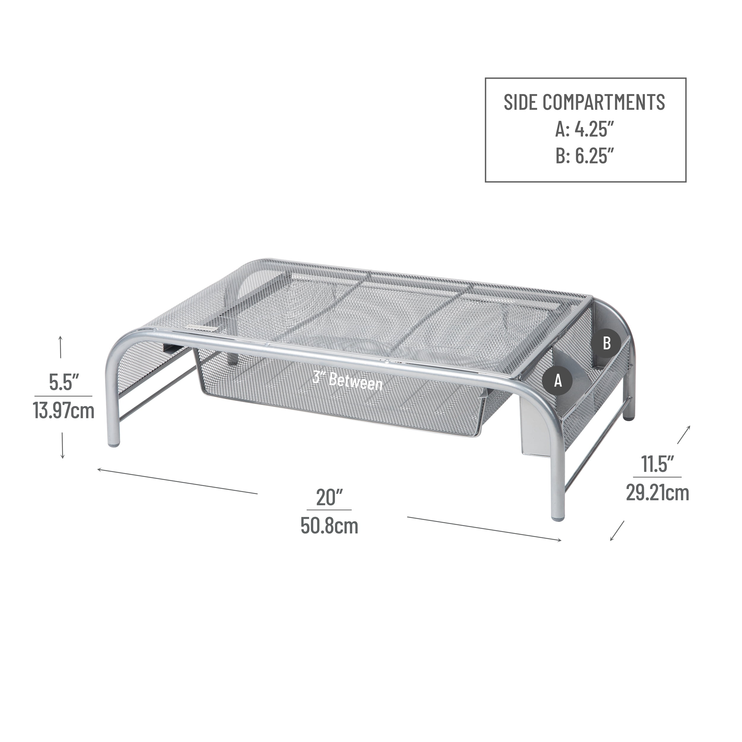 Mind Reader Monitor Stand, Ventilated Laptop Riser, Paper Tray, Storage, Office, Metal, Silver