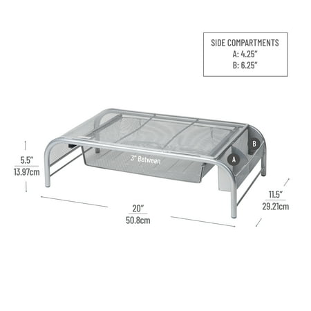 Mind Reader - Monitor Stand, Ventilated Laptop Riser, Paper Tray, Storage, Office, Metal Mesh, 20"L x 11.5"W x 5.5"H - Silver