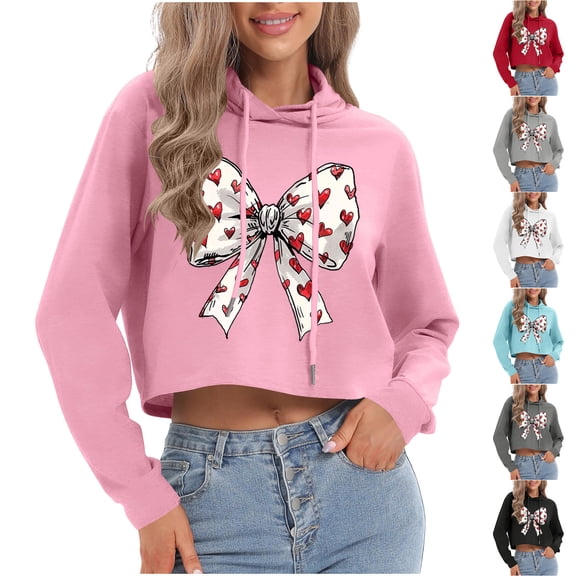 Tbopshirt Hoodies for Women Graphic Valentine's Day Crewneck Long Sleeve Tops Pullover with Drawstring Black,L