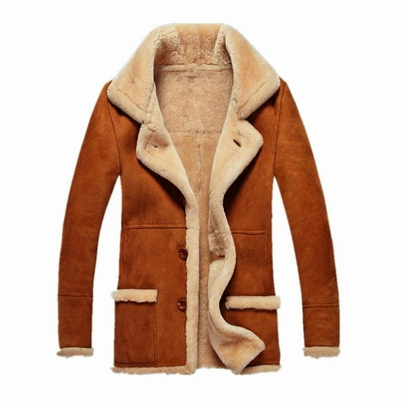 Miluxas Men Shearling Coats Faux Leather Winter Long Jackets Mid Length Trench Coat Vintage Suede Jacket Retro Tops Yellow S(S)