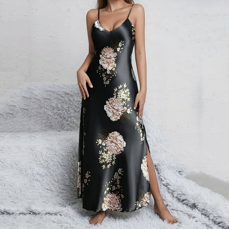 Xdegoge Satin Nightgowns for Women Silk Slip Dress Sleepwear Sexy V Neck Negligee Lingerie Short Nightwear Soft Chemise Nightwear Silk Robe Black L Clearance Sales Today