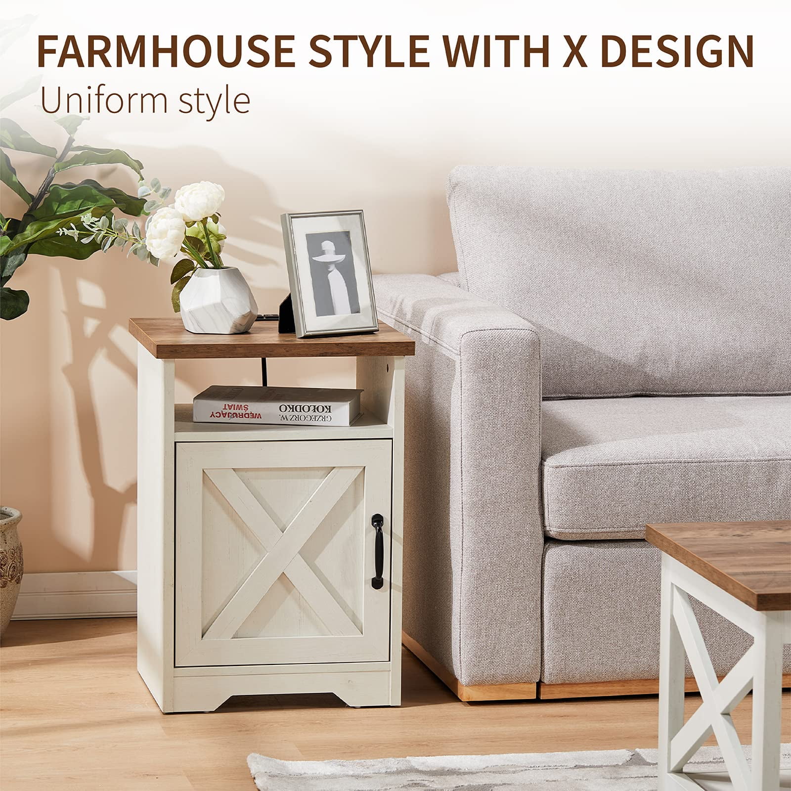 LUXOAK 3-Piece Farmhouse Table Set, Coffee Table & Two End Tables, USB Ports, Distressed White