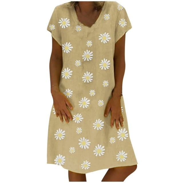 WTXUE Robe Grande Taille, Manches Longueur Genou Imprimée Marguerite Ample Plus Courte Décontractée Femme Taille Robe à Col en V Robe pour Femme, Robe Florale pour Femme, Kaki 5TG
