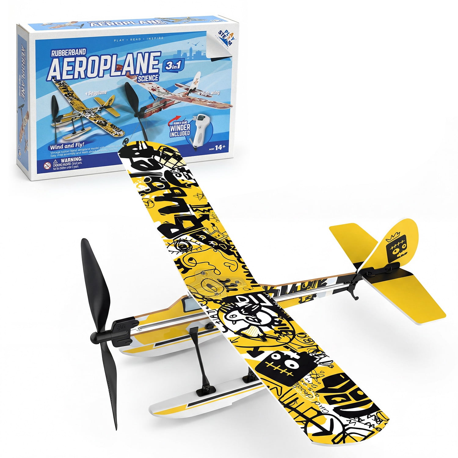 PLAYSTEAM 3-in-1 Rubber Band Airplane Building Kit with Motorized Launcher, Educational Flying STEM Toy for Kids and Teens Ages 14+