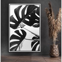 PixonSign Framed Canvas Print Wall Art Monstera Leaf Trio Botanical Wilderness Photography Realism Minimalist Relax/Calm Duotone Black and White for Living Room, Bedroom, Office - 24"x36" White