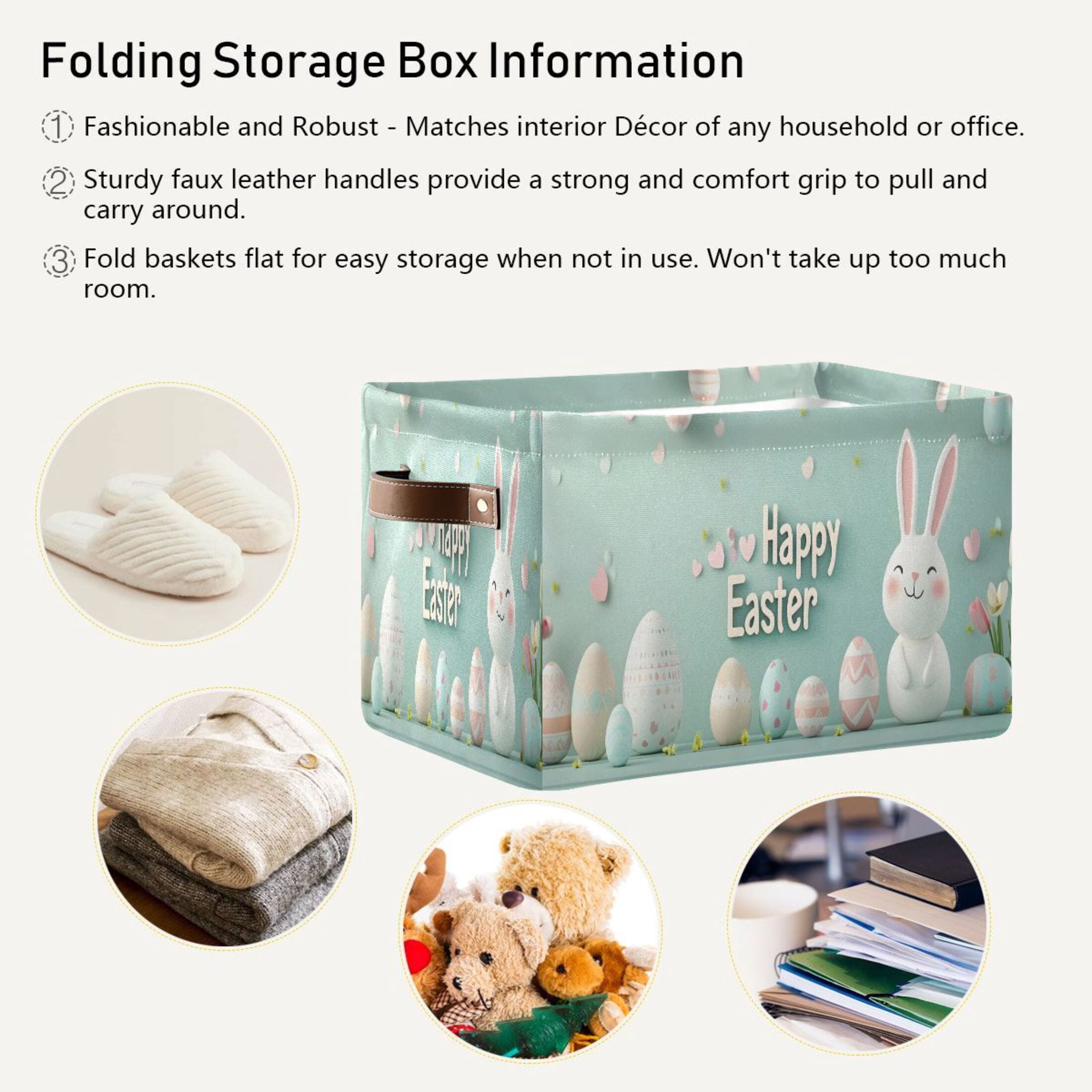 Ryvnso Cute Easter Bunny and Eggs Storage Basket Large Bin Foldable Boxes Toys Organizer 14.2x10.2x8.3in 2 PCs