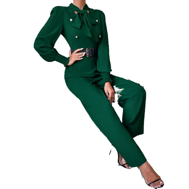 Elegant Plain Tie Neck Wide Leg Long Sleeve Dark Green Womens Jumpsuits Women s Jumpsuit Walmart