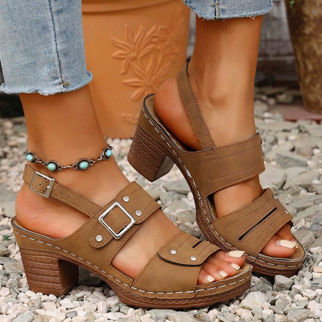 WILLBEST Sandalias Dama, Sandalias De Tacón Bajo Para Mujer, Ropa Exterior, Zapatos De Mamá Dulce, Zapatos Romanos Con Cremallera Trasera Y Suela Gruesa