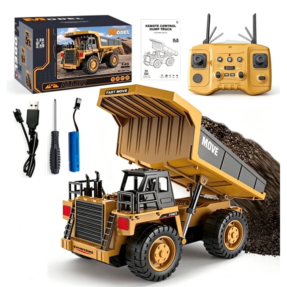 RC Dump Truck Toy for Kids, 2.4GHz Rechargeable Remote Control Construction Vehicle with Lights & Sounds, Realistic Electric Engineering Truck, Construction Toy Gift for Boys Girls Ages 3