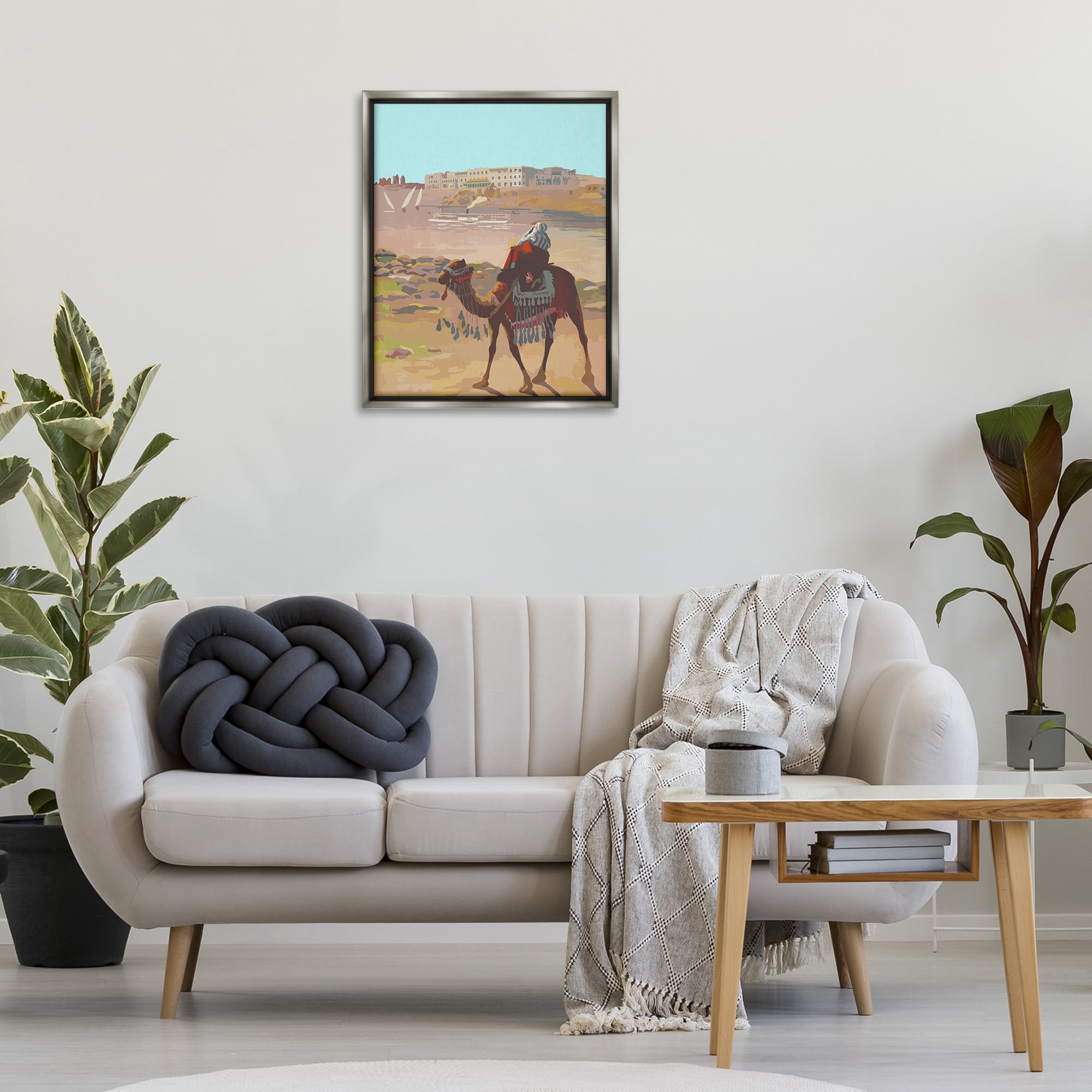 Stupell Industries Camel in Desert Town Landscape Painting Gray Floater Framed Art Print Wall Art, 25 x 31