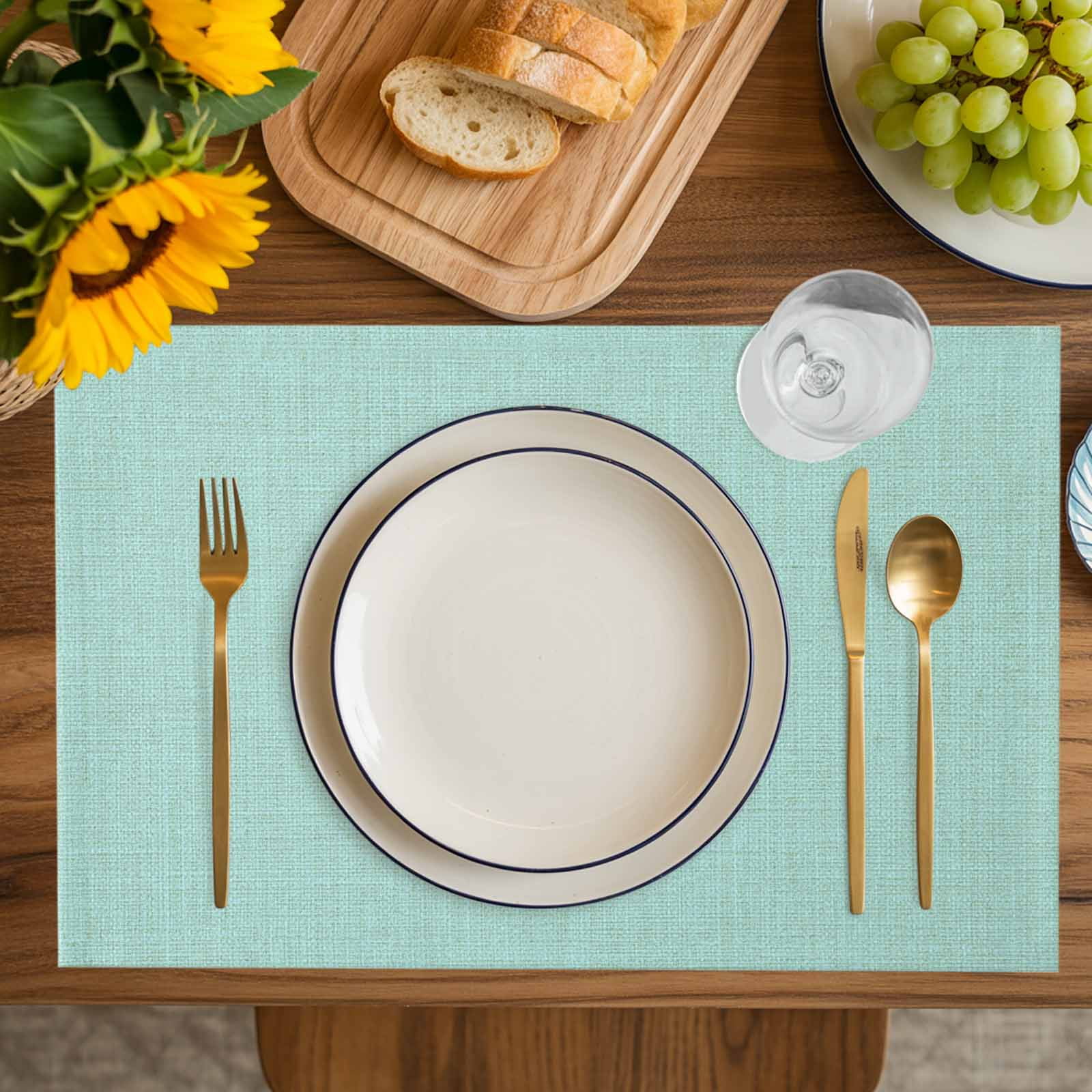 Linen Mint Green Placemats Set of 4, Modern Minimalist Pure Solid Color Placemats for Dining Table, Place Mats for Kitchen Tabletop, Waterproof Wipeable Dining Table Mats Set