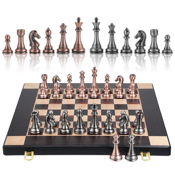 15-Inch Large Metal Chess Set for Adults and Kids with Metal Chess Pieces – Foldable Wooden Board with Storage, Portable Classic Game Set for T