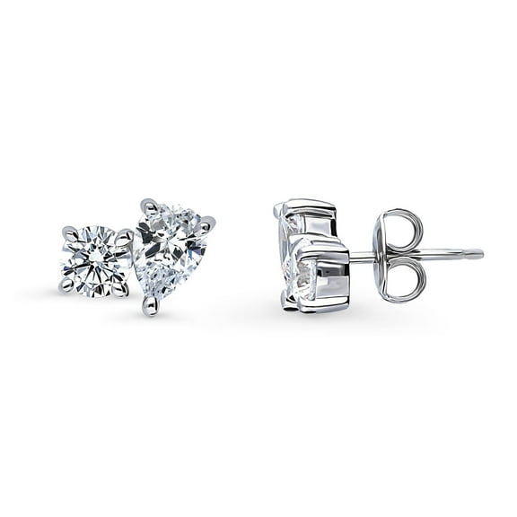 BERRICLE Sterling Silver 2-Stone Cubic Zirconia CZ Fashion Stud Earrings for Women, Rhodium Plated