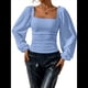 thumbnail image 2 of Blusa Corta de Larga con Cuello Cuadrado y Mangas Abullonadas para Mujer Azul L, 2 of 10