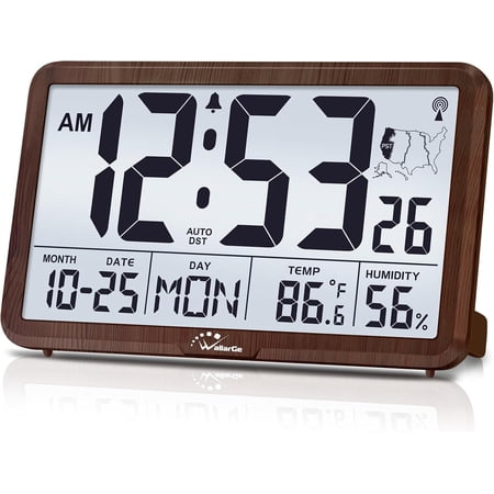Atomic Wall Clock with Backlight, Digital Wall Clock Battery Operated for Classroom, Bedroom, Office, Large Display with Indoor Temperature, Humidity, Date, AUTO DST, 6 Time Zones