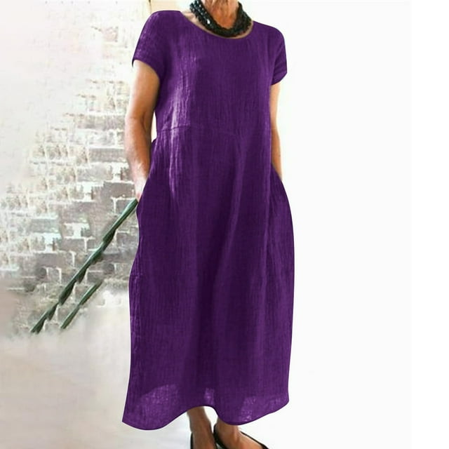 Robe Midi Décontractée à Manches Courtes et Col Rond pour Femmes avec Poches