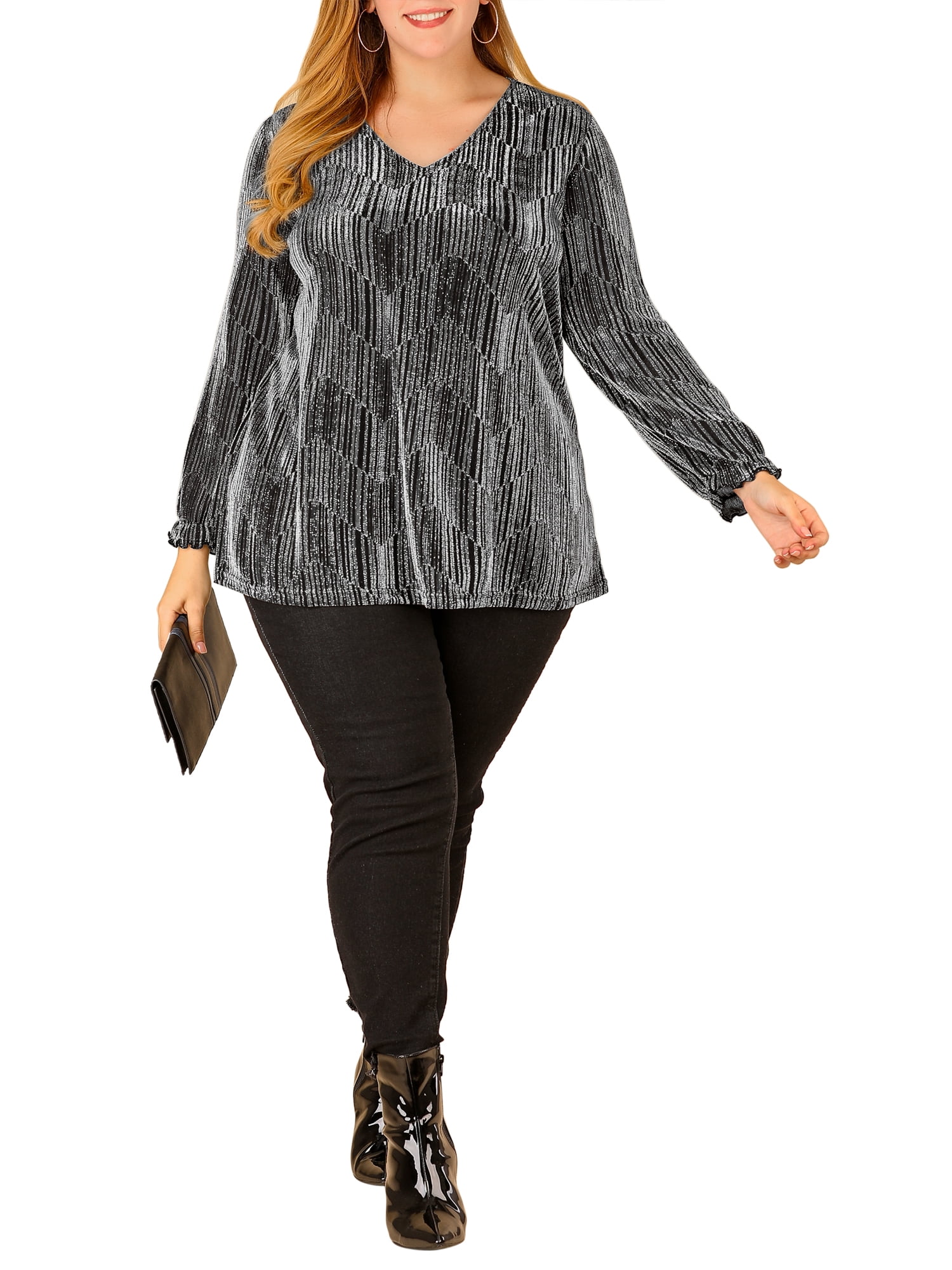 Unique Bargains Women's Plus Size Glitter Sparkle V Neck Metallic Party Sequin Blouse 4X Silver